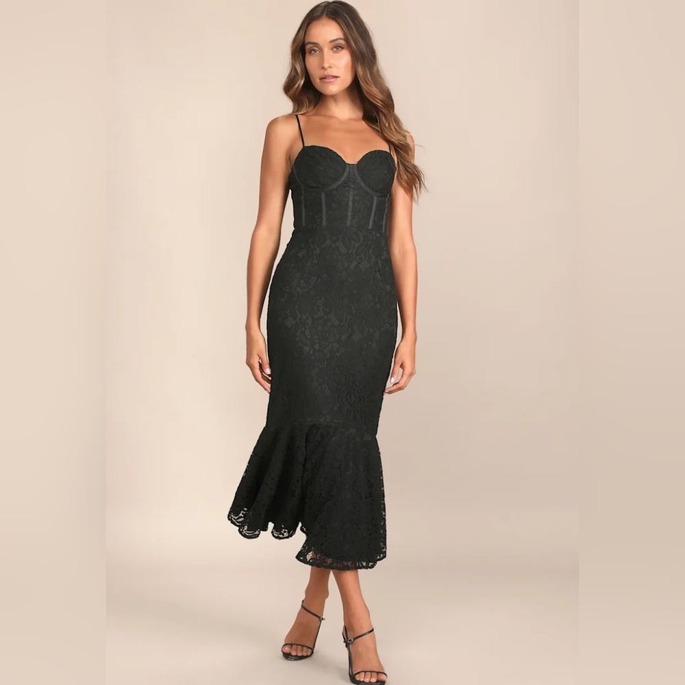 Lulu's Found Your Love Black Lace Sleeveless Trumpet Midi Dress Size Large